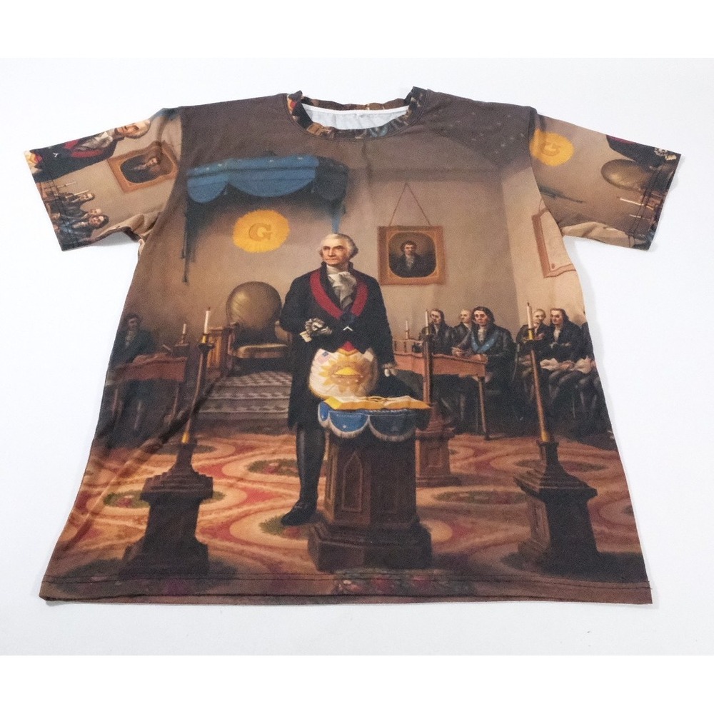 Unbranded T-Shirt Mens XL Brown George Washington Masonic‎ All Over Print Tee